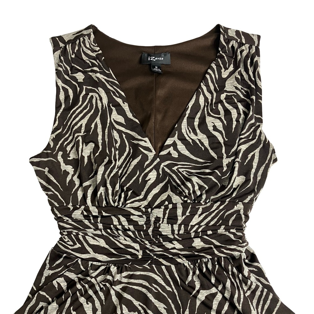 Y2K IZ Byer Zebra Dress Medium Brown Ruched Babydoll Empire Tie Waist Sleeveless - Picture 2 of 14
